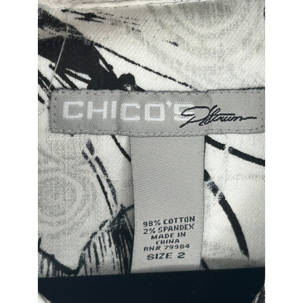 Chicos Platinum White Black Abstract Butterfly Print Denim Jacket Metallic 2 - Picture 3 of 9